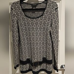 Geometric Black & Cream Scoop-Neck Sweater with Faux Belt